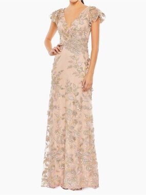 Embroidered V-Neck Evening Gown in Blush